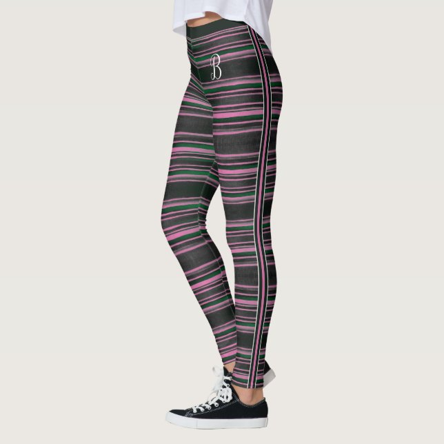 Stripe Black Rosa Grönt Mode Fabric Monogram Leggings (Vänster)