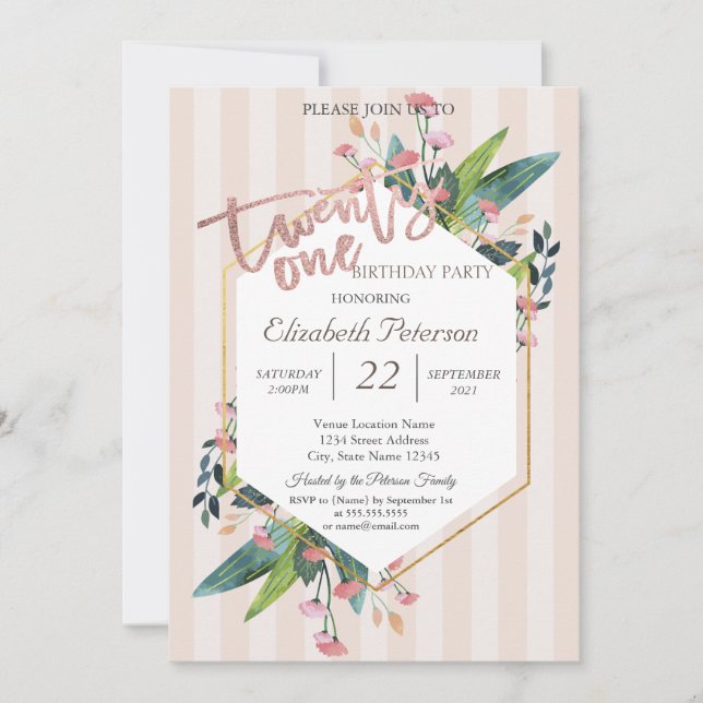 Stripe Blommigt Ram 21:a födelsedagen Party Inbjudningar (Framsida)