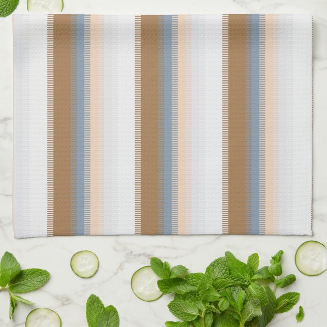 Stripe Blue Grått Grått Guld Beige Brown Tan Kökshandduk (Vikta)