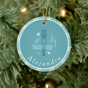 Stripe Blue Swimmer Silhouette Swimming Tema Julgransprydnad Keramik