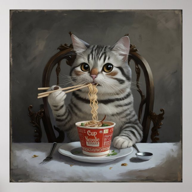 Stripe Cat Enjoying Kopp Noodles Poster (Framsidan)