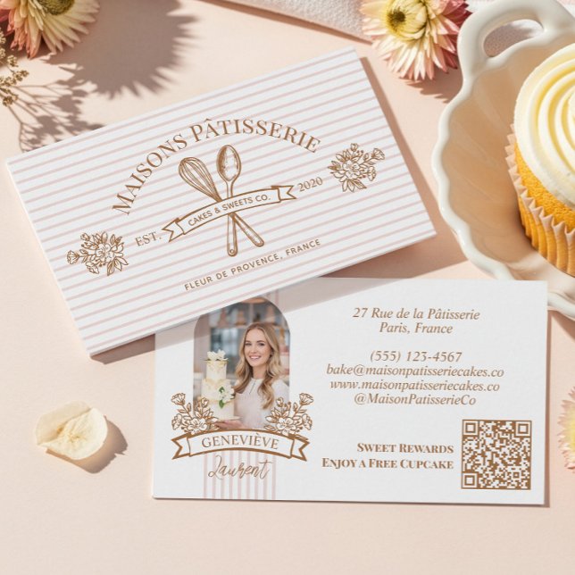 Stripe Floral Whisk Spoon Bakery Cake Designer Visitkort (Stripe Floral Whisk Spoon Bakery Cake Designer Business Card)
