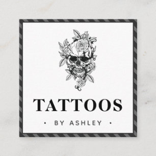 Stripe Grått Gothic & Blommigt Skull Tattoo Artist Fyrkantigt Visitkort