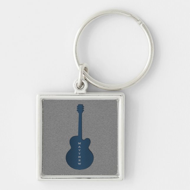 Stripe Guitar Keychain, Mörk blått Fyrkantig Silverfärgad Nyckelring (Framsidan)