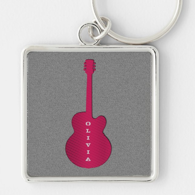 Stripe Guitar Keychain, Shock rosa Fyrkantig Silverfärgad Nyckelring (Framsidan)