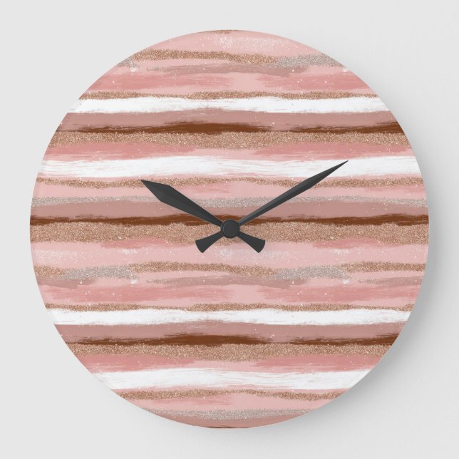 Stripe Guld Glitter Rosa Clock Stor Klocka (Framsida)