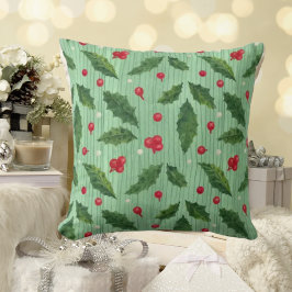 Stripe jul Holly Grönt Red Dekorativ kudde