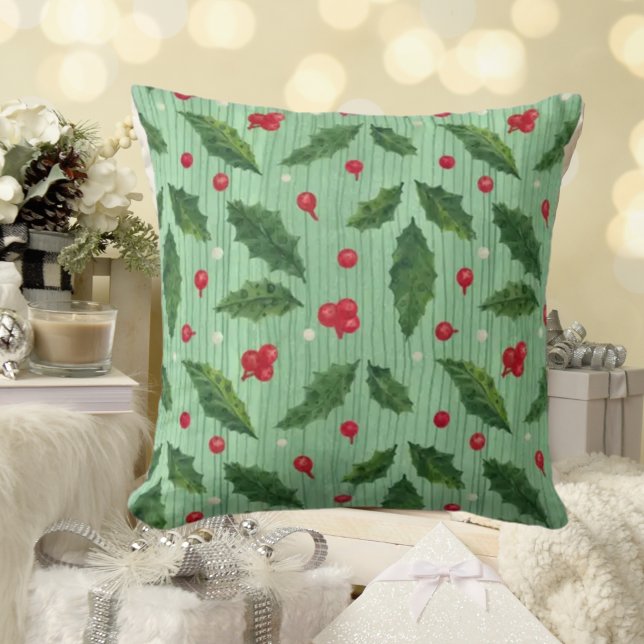 Stripe jul Holly Grönt Red Dekorativ kudde (Skapare uppladdad)