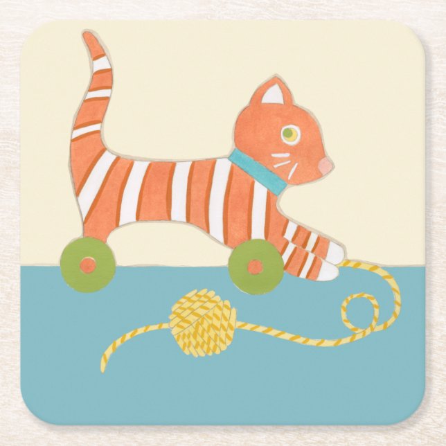 Stripe Leksak Cat med Boll av String Underlägg Papper Kvadrat (Framsidan)