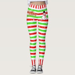 Stripe Lycklig Festive med Snögubbe och Snöflingor Leggings