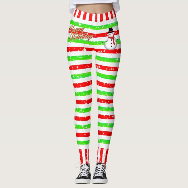 Stripe Lycklig Festive med Snögubbe och Snöflingor Leggings (Framsida)