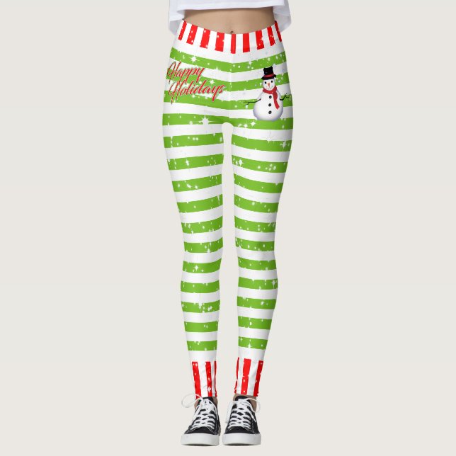 Stripe Lycklig Festive med Snögubbe och Snöflingor Leggings (Framsida)