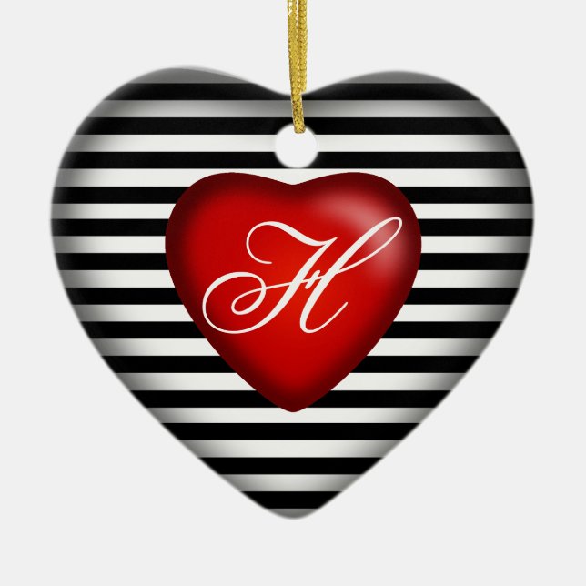 Stripe Monogram Heart | svart vitt rött Julgransprydnad Keramik (Framsidan)