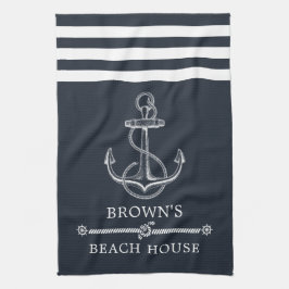 Stripe Nautical Anchor Family Namn Beach eller Sjö Kökshandduk