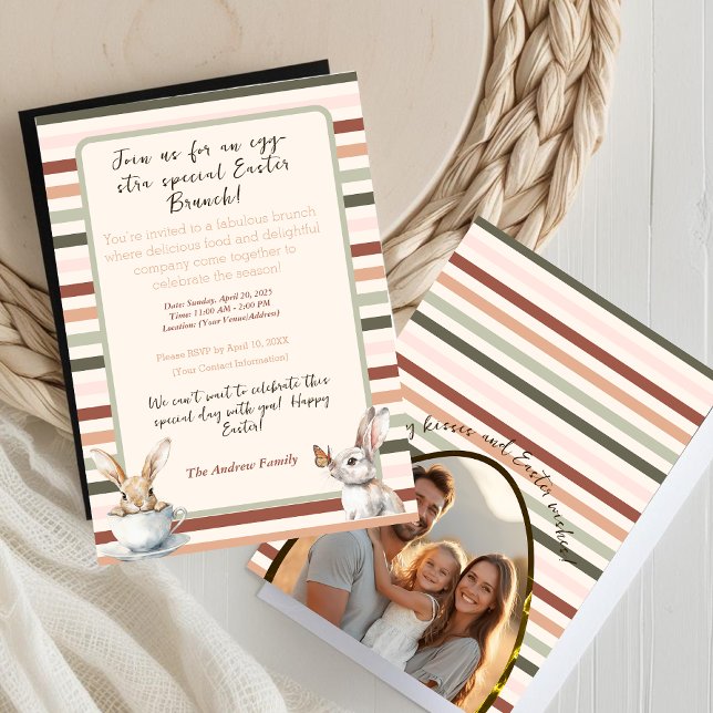 Stripe-Påskhare med Anpassningsbar Photo Inbjudningar (Striped Easter bunnies with Custom Photo Invitation)