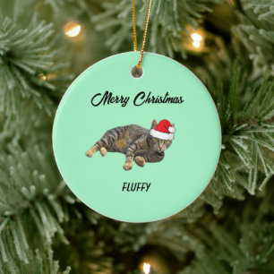 Stripe Tabby katt med Santa Hat Julgransprydnad Keramik