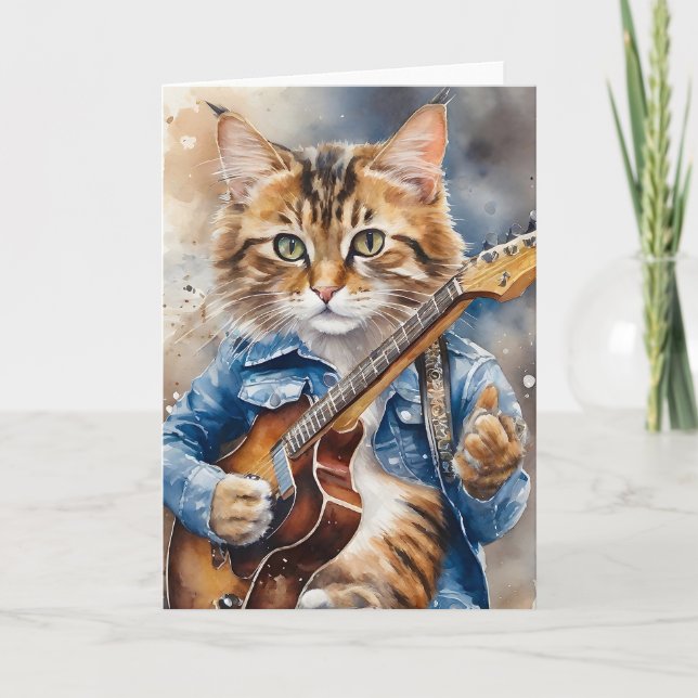 Stripe Tabby katt Rockstjärna som spelar Guitar Kort (Framsida)