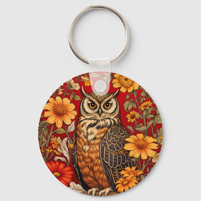 Stripe Uggla och Zinnia Flowers Nyckelring (Framsida)