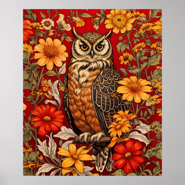 Stripe Uggla och Zinnia Flowers Poster (Framsidan)