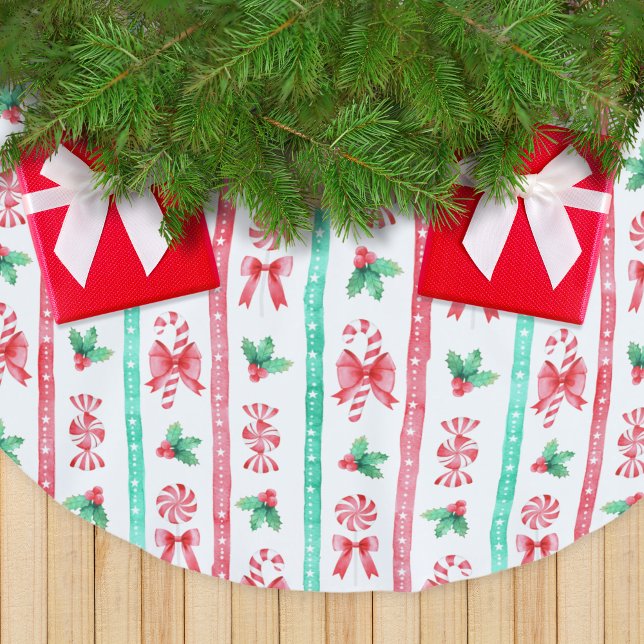 Stripe Watercolor Polkagrisars + Peppermint Candy Julgransmatta Borstad Polyester (Striped Watercolor Candy Canes + Peppermint Candy Brushed Polyester Tree Skirt)