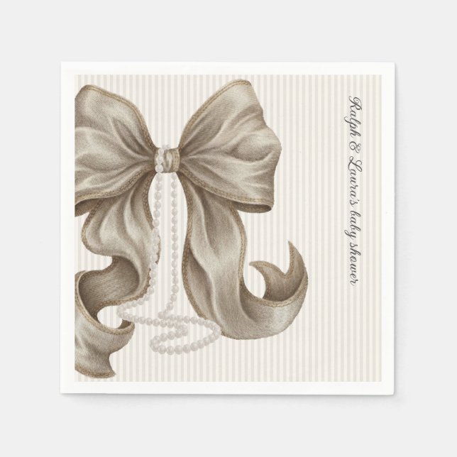 Striped Bow Ivory Pearl Baby Shower  Pappersservett (Framsidan)