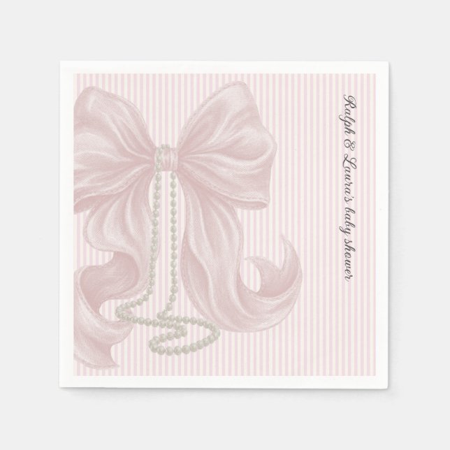 Striped Bow Ivory Pink Baby Shower  Pappersservett (Framsidan)