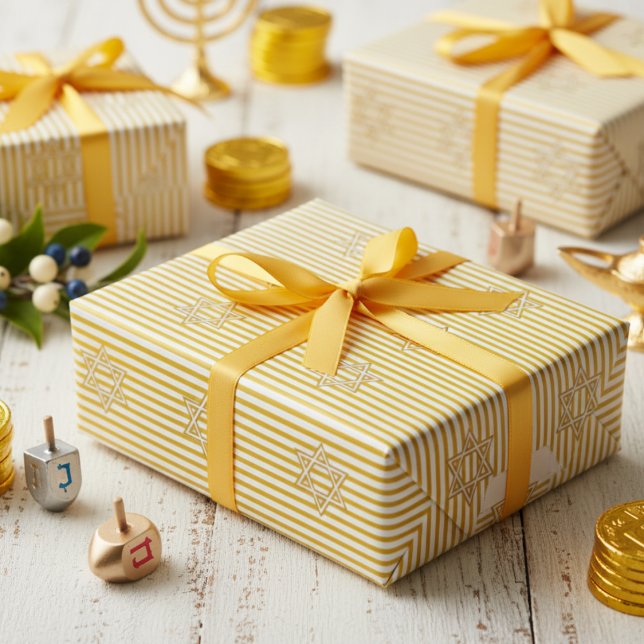 Striped Candle Flame Yellow Jewish Star of David Presentpapper (Jewish Gold Star Striped Candle Flame Yellow & White Pattern for Hanukkah, Bat Mitzvah, Mazel Tov)