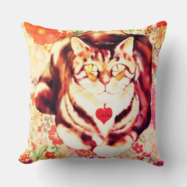 Striped Cat Art with Floral Background Kudde (Framsida)