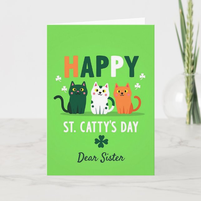 Striped Cat Happy St Cattys Day Card Kort (Framsida)