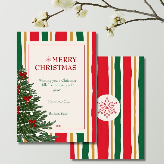 Striped Christmas Card with Pine Tree and Red Bows Julkort (christmas card, striped christmas card, red green yellow cream stripes, christmas tree card, festive)