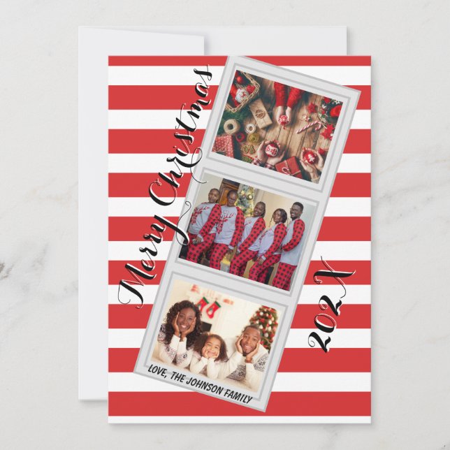 Striped Christmas Photo Card with Three Pictures Julkort (Framsida)