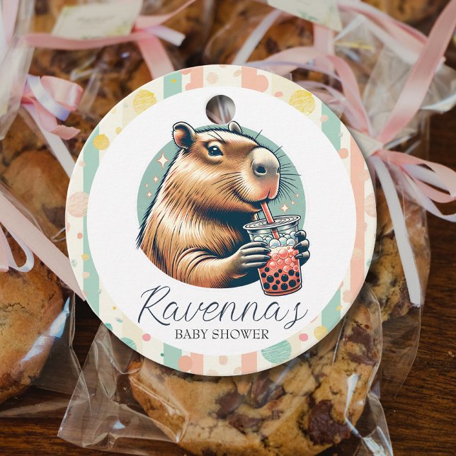 Striped Funny Capybara Custom Name Baby Shower Gåvor Etiketter (Skapare uppladdad)