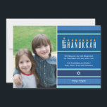 Striped Hanukkah Candles Julkort<br><div class="desc">A menorah is rendered using typography on this striped Hanukkah flat greeting card. The word "Happy" is on its side serving as the Shamash, while the other letters spelling out "Hanukkah" serve as the eight Hanukkah candles. The blue tonal striped background is reminiscent of a tallit. Add your photo and...</div>
