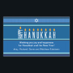 Striped Hanukkah Candles Rektangulärt Klistermärke<br><div class="desc">En menorah återges med hjälp av typografi på den här randiga Hanukkah-klistermärket. Ord "Lycklig" står på sin sida som Shamash, medan det andra brev som stavar "Hanukkah" som de åtta Hanukkah-ljusen. Den blå tonstrimlade bakgrunden påminner om en ritning. Lägg till ett personligt meddelande nedan. Underbar som kuvertförsegling, enkel märkre eller...</div>
