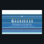 Striped Hanukkah Candles Rektangulärt Klistermärke<br><div class="desc">En menorah återges med hjälp av typografi på den här randiga Hanukkah-klistermärket. Ord "Lycklig" står på sin sida som Shamash, medan det andra brev som stavar "Hanukkah" som de åtta Hanukkah-ljusen. Den blå tonstrimlade bakgrunden påminner om en ritning. Lägg till ett personligt meddelande nedan. Underbar som kuvertförsegling, enkel märkre eller...</div>
