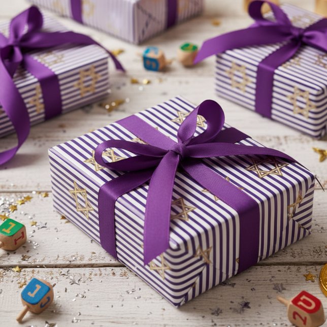 Striped Indigo Jewish Gold Star of David Presentpapper (Elegant Jewish Star of David Striped Indigo & White Pattern for Hanukkah, Bat Mitzvah, Mazel Tov)