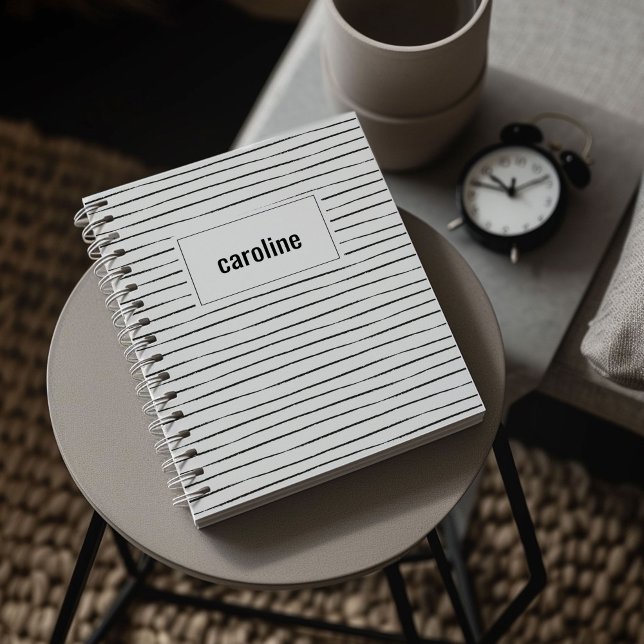 Striped Personalized Notebook Anteckningsbok (Chic black and white painted stripe personalized notebook.)