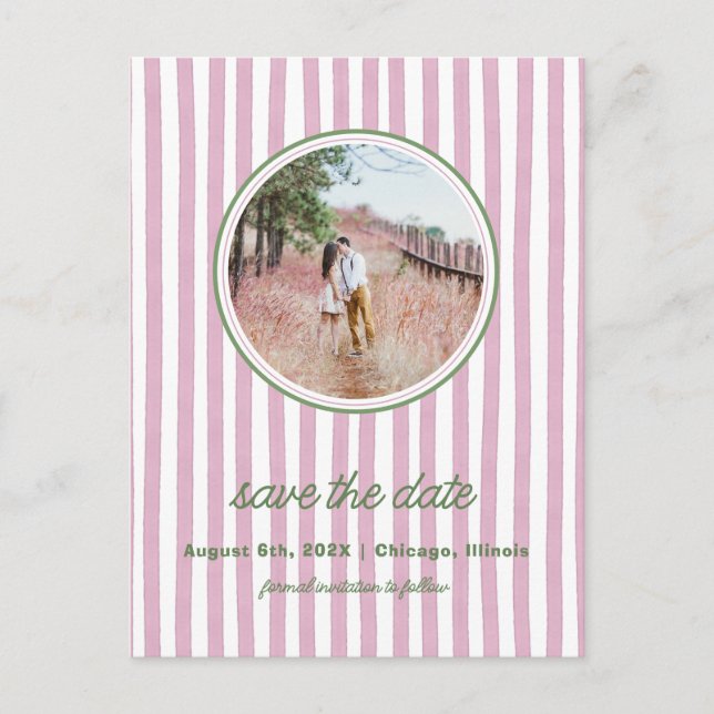 Striped pink and greensave the date photo postcard meddelande vykort (Framsida)