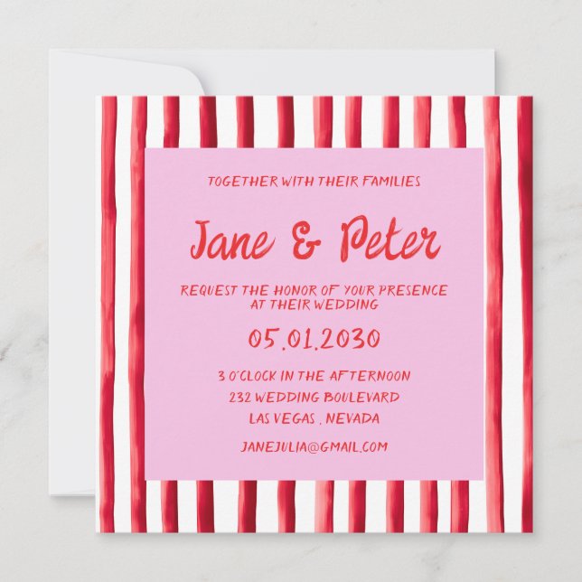 Striped Pink & Red Handwriting Wedding Inbjudningar (Framsida)