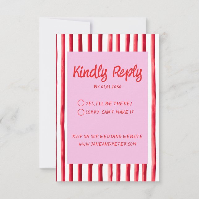 Striped Pink & Red Handwriting Wedding OSA Kort (Framsida)