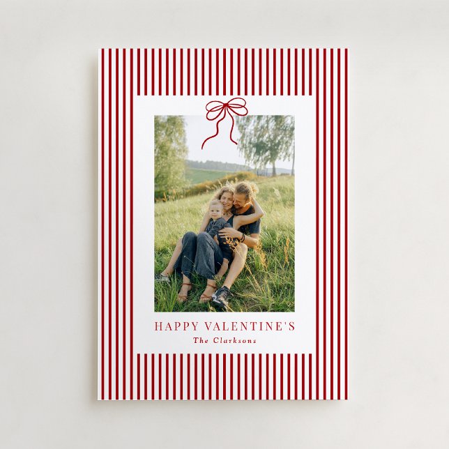 Striped Red Bow Family Photo Valentine’s Day Card Julkort (Skapare uppladdad)