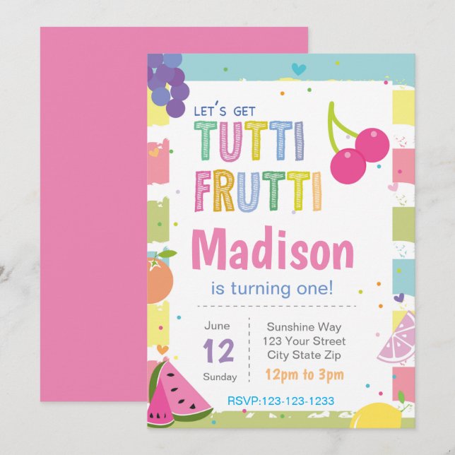 Striped Tutti Fruitti Birthday-inbjudan Inbjudningar (Fram/baksida)