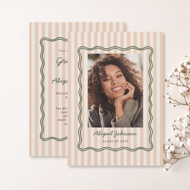 Stripes and Wavy Frame Graduation Card with Photo Inbjudningar (Striped and Wavy frame graduate card announcement with invitation and photo with earthy colors )