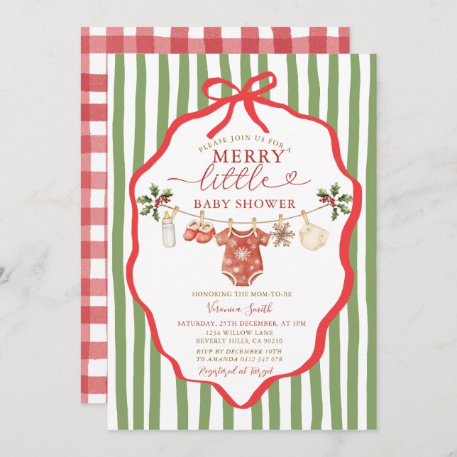 Stripes Green Clothesline Merry Little Baby Shower Inbjudningar (Fram/baksida)