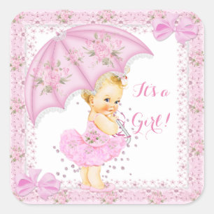 Strö Baby Shower Flicka Blond Floral Rosa Fyrkantigt Klistermärke