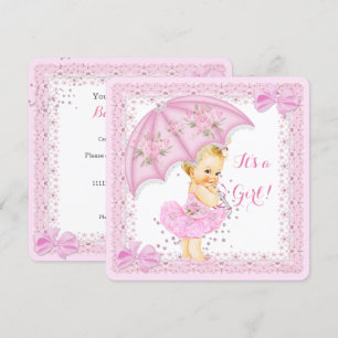 Strö Baby Shower Flicka Rosa Paraply Blond Inbjudningar