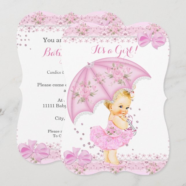 Strö Blond Bebis Dusj Flicka Blommig Rosa Inbjudningar (Fram/baksida)