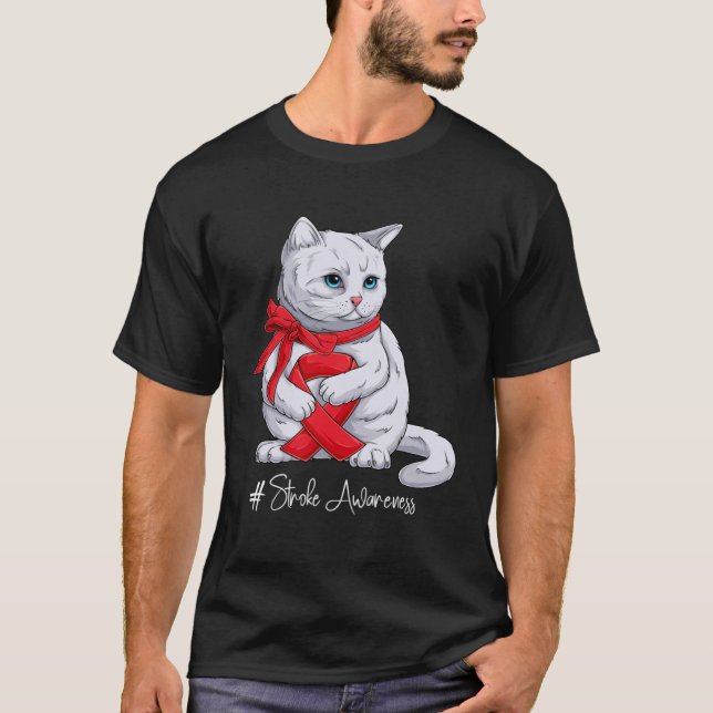 Stroke Awareness Month Red Ribbon Cat T Shirt (Framsida)