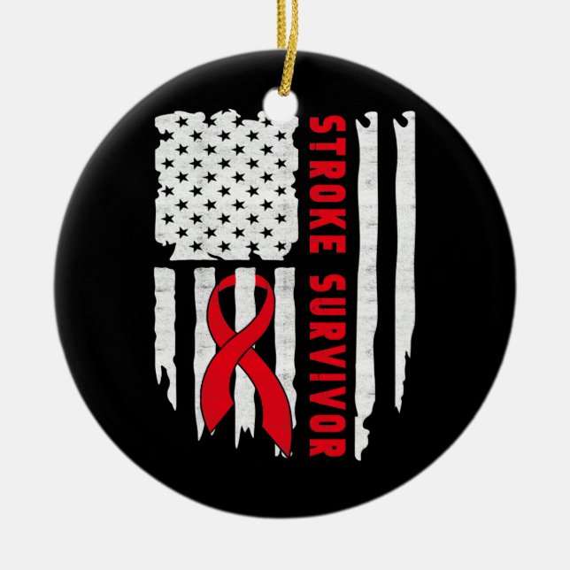 Stroke Survivor Awareness USA flagga Red Ribbon Julgransprydnad Keramik (Framsidan)