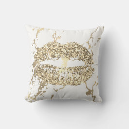 Strokes Guld Glitter Kiss Läppar Makeup White Marb Kudde